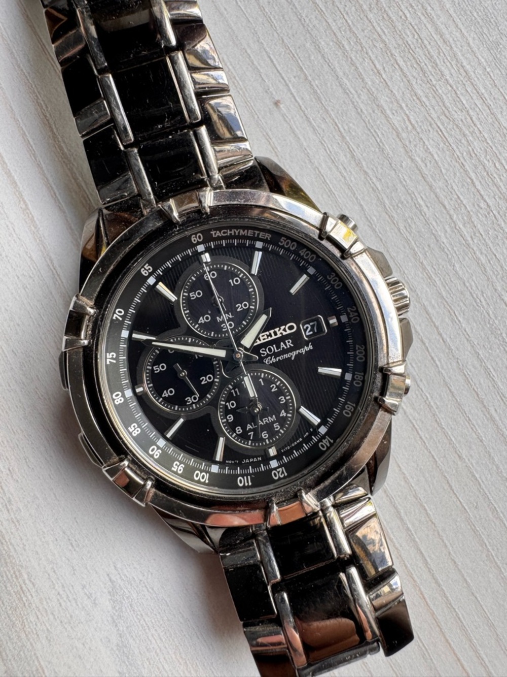 Seiko Black Dial Silver Stainless Steel Solar Chronograph Watch